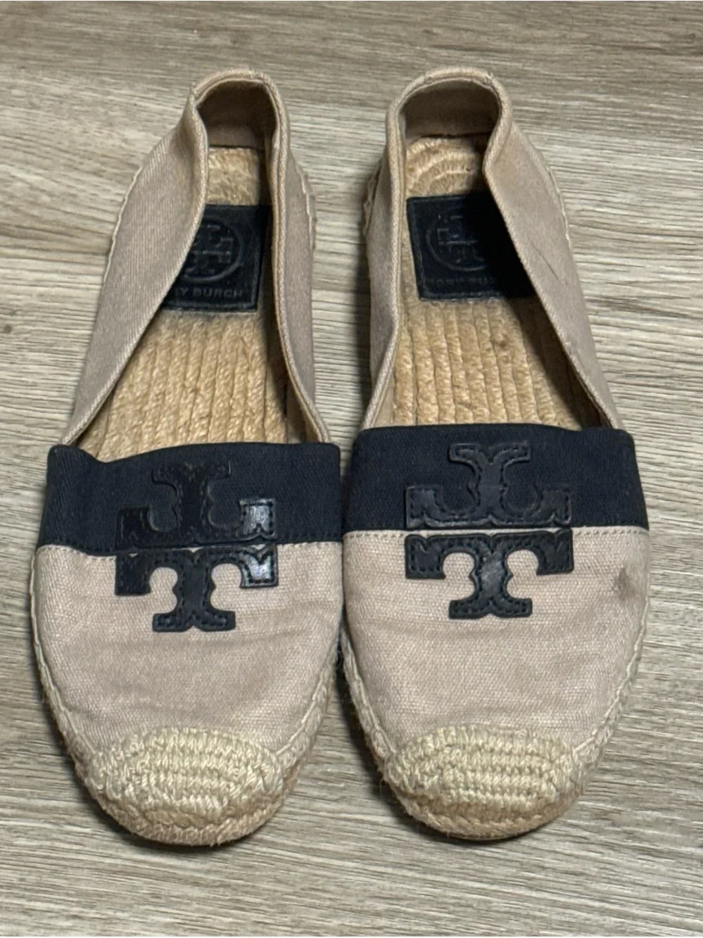 Tory Burch Beige Canvas Espadrille Flats with Black Logo Band